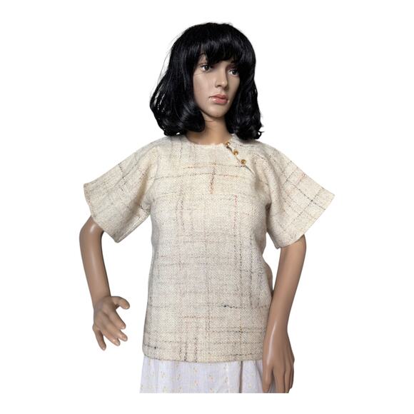 Handwoven by Gretchen one of one top shoulder button close tan cream size S - Picture 1 of 16